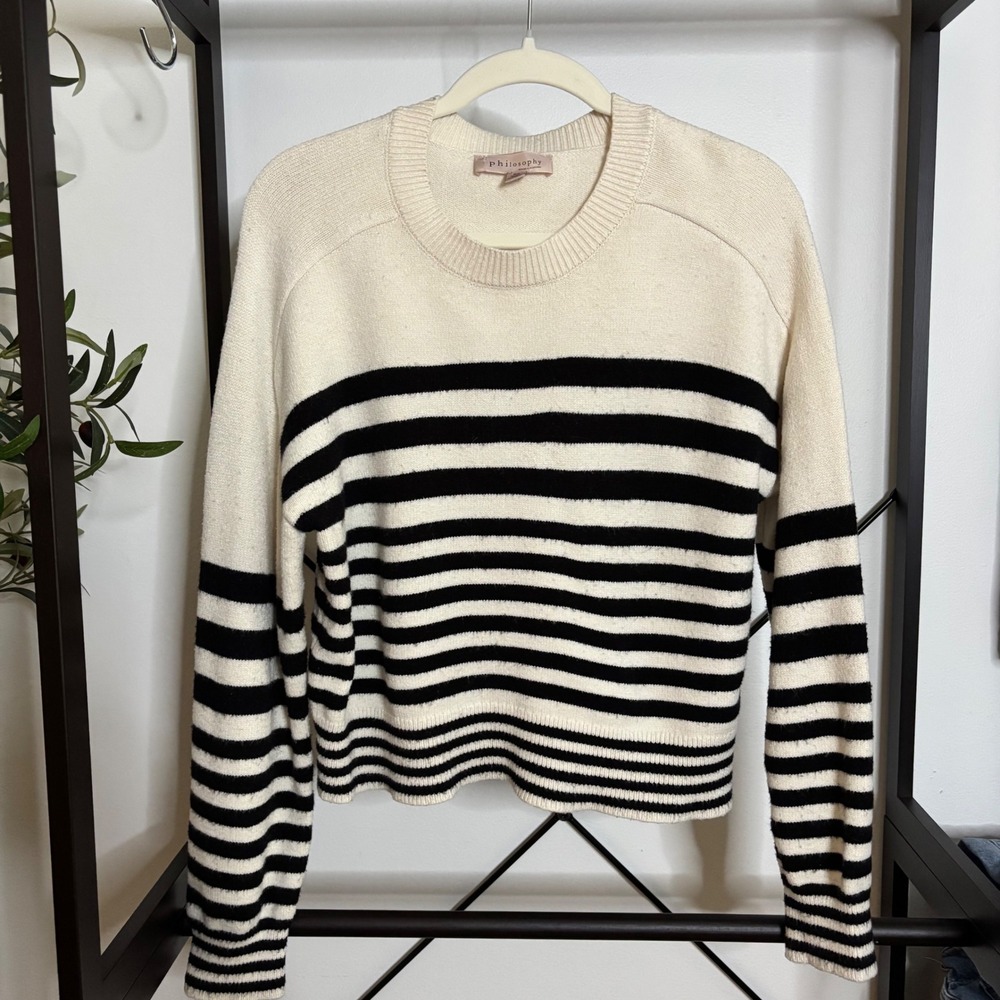 Philosophy Republic Clothing Striped Sweater Womens Medium Cream Black Crew Neck